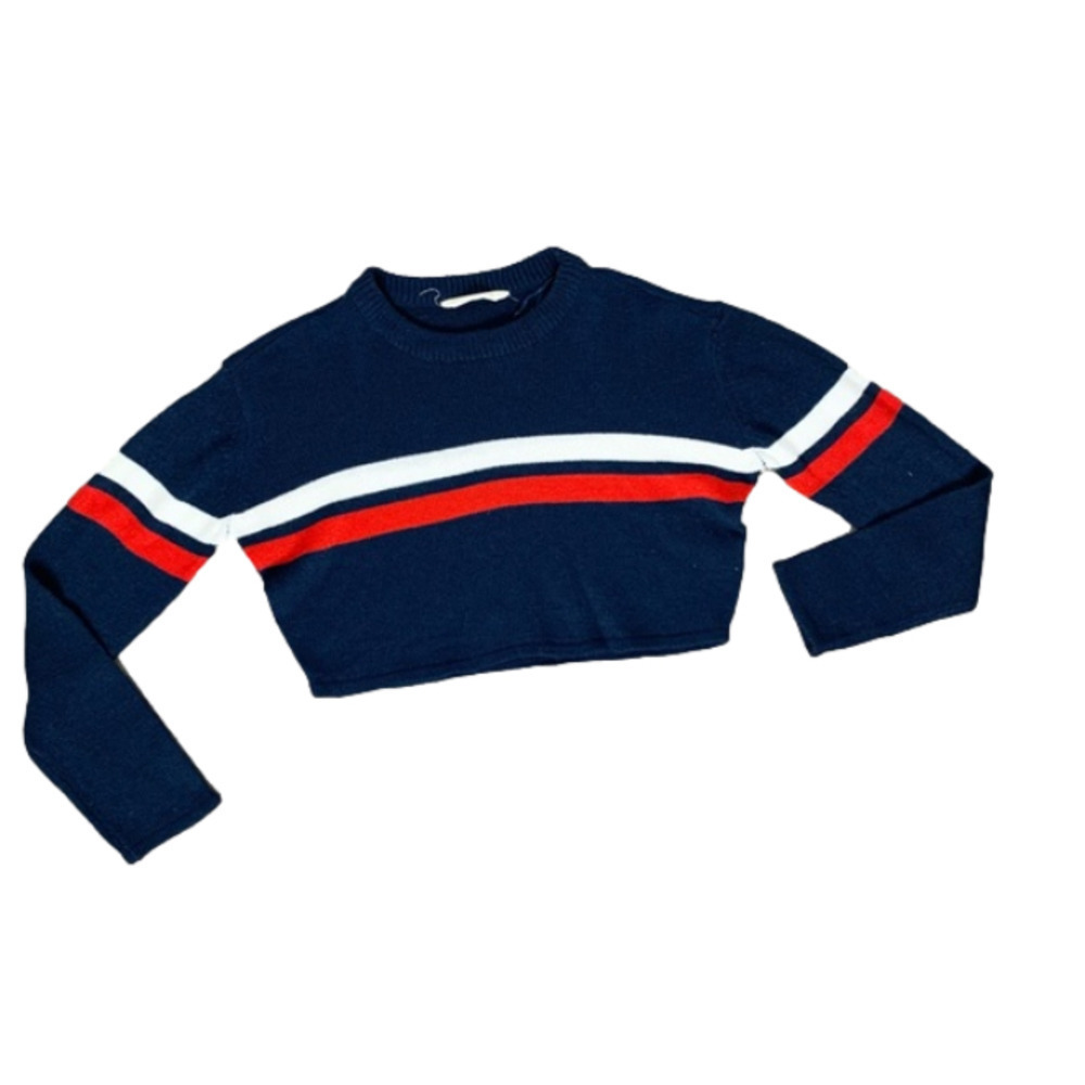 Bluenotes Women's Sweater Top Knit Crop Stripe Long sleeve Crewneck Navy Blue - Picture 3 of 11